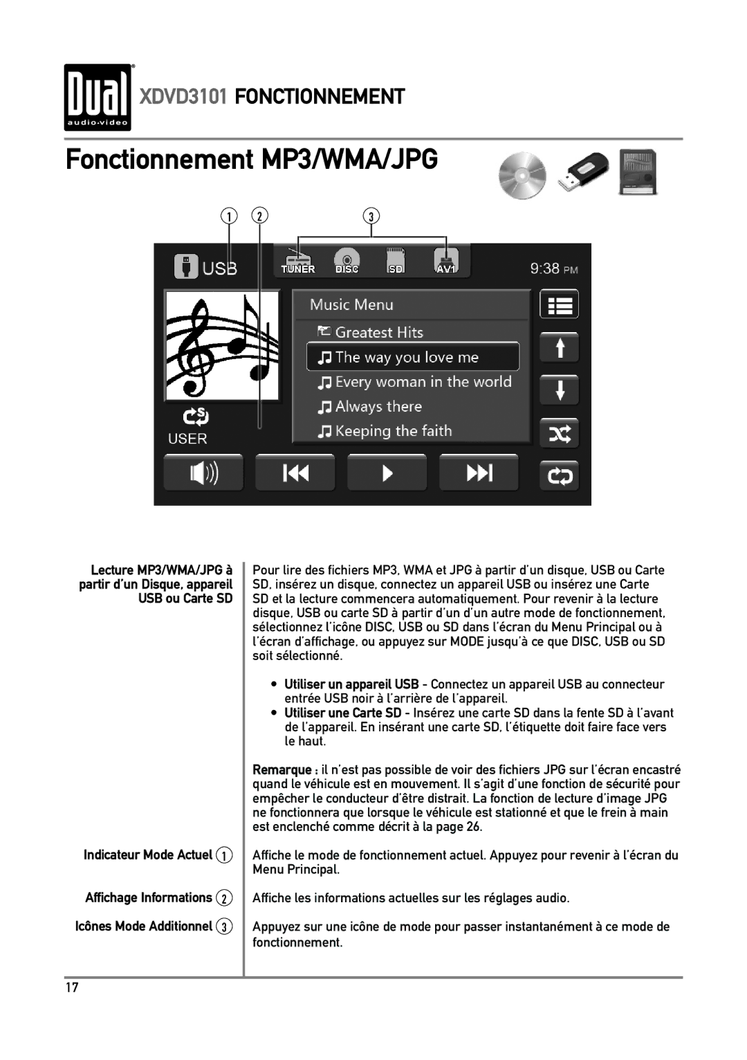 Dual XDVD3101 manual Fonctionnement MP3/WMA/JPG 