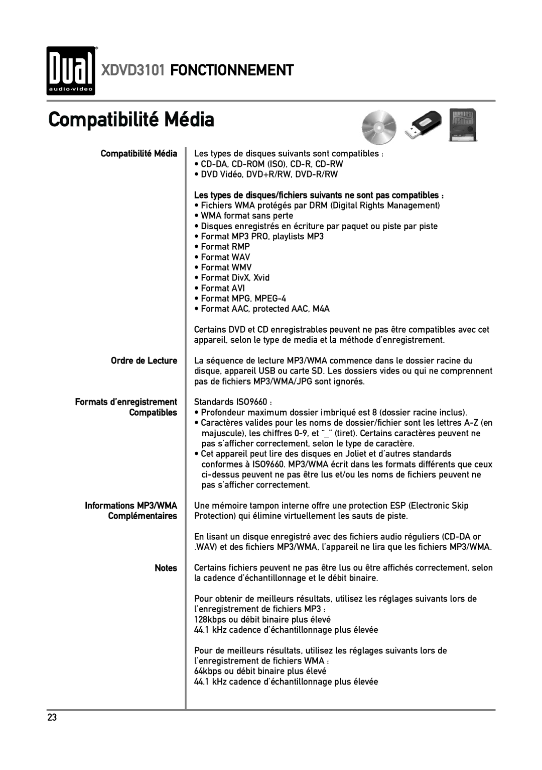 Dual XDVD3101 manual Compatibilité Média Ordre de Lecture 