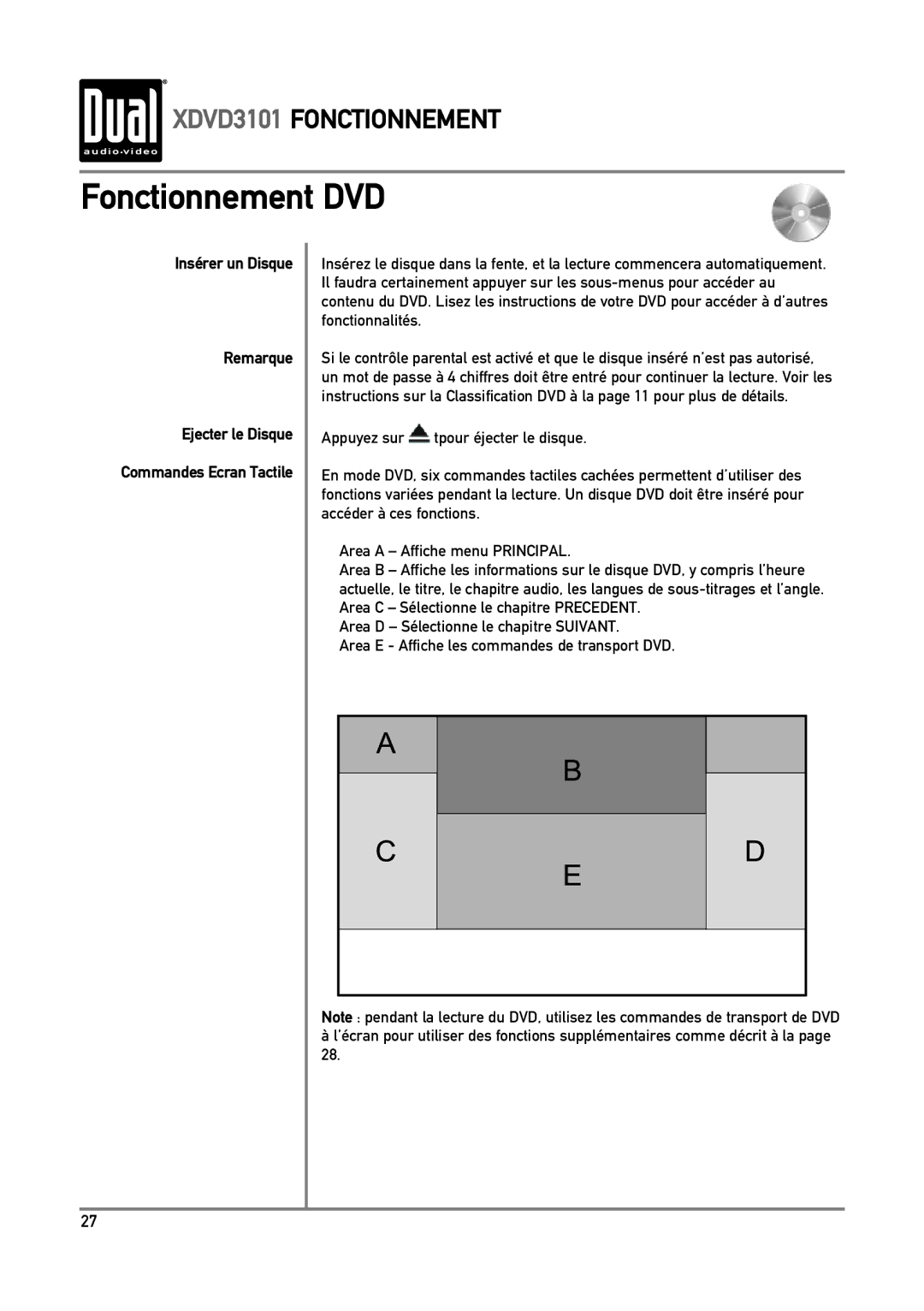 Dual XDVD3101 manual Fonctionnement DVD, Insérer un Disque Remarque 