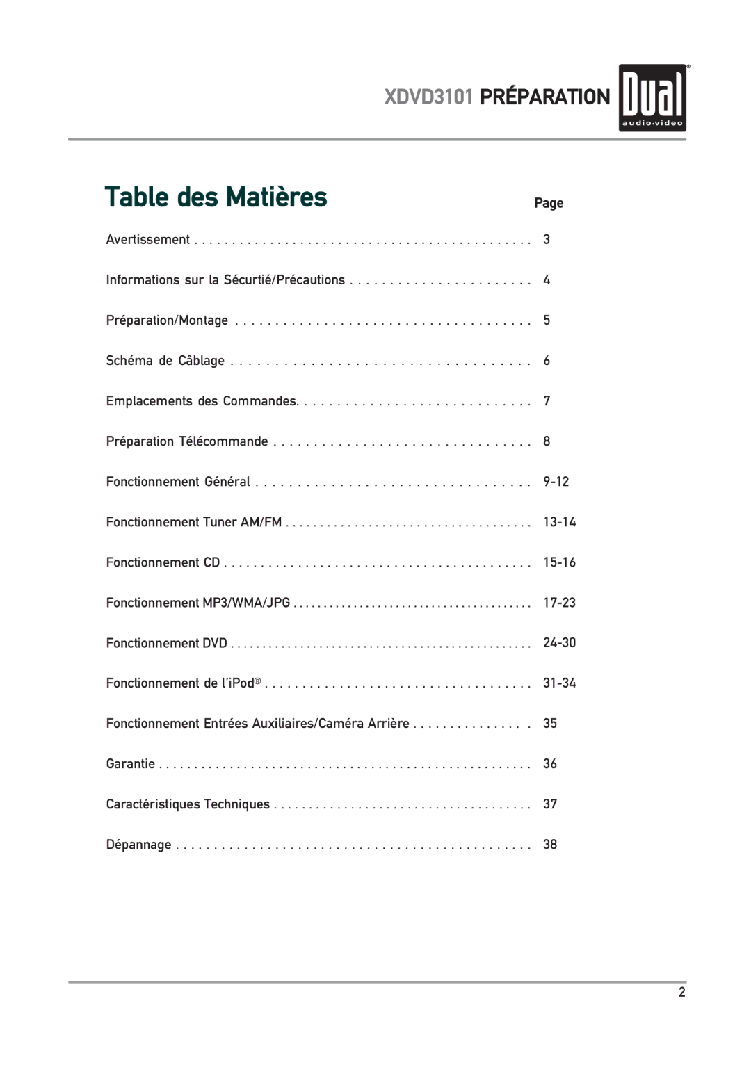 Dual XDVD3101 manual Table des Matières 