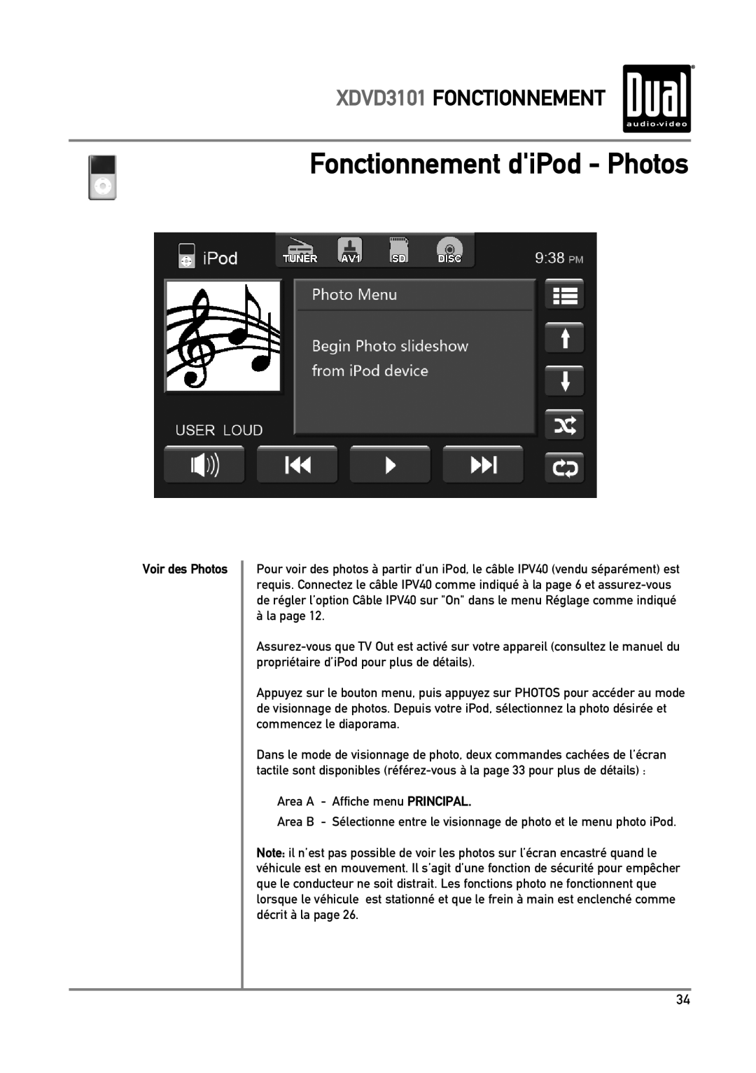 Dual XDVD3101 manual Fonctionnement diPod Photos, Voir des Photos 
