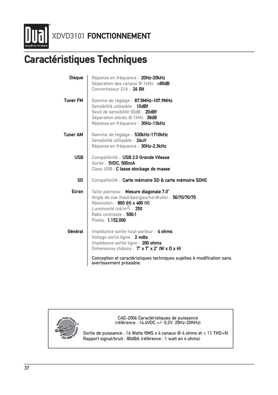 Dual XDVD3101 manual Caractéristiques Techniques 