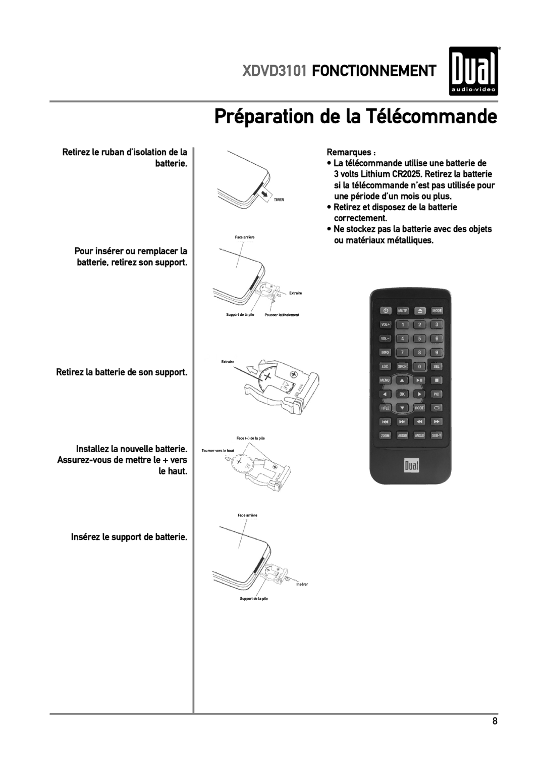 Dual XDVD3101 manual Préparation de la Télécommande, Retirez la batterie de son support 