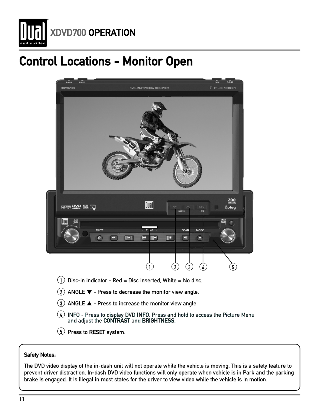 Dual XDVD700 owner manual Control Locations Monitor Open, Safety Notes 