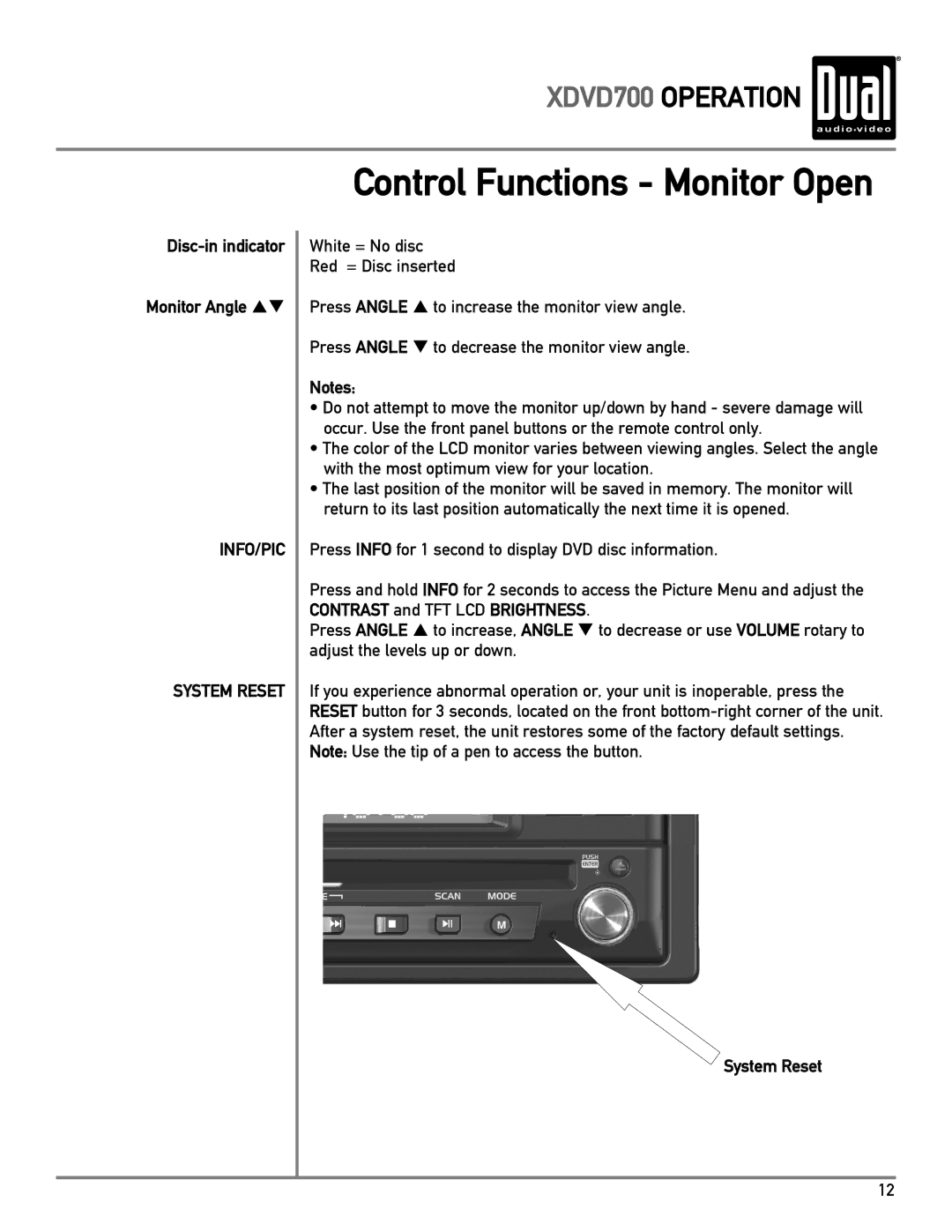 Dual XDVD700 owner manual Control Functions Monitor Open, Disc-in indicator Monitor Angle pq, System Reset 