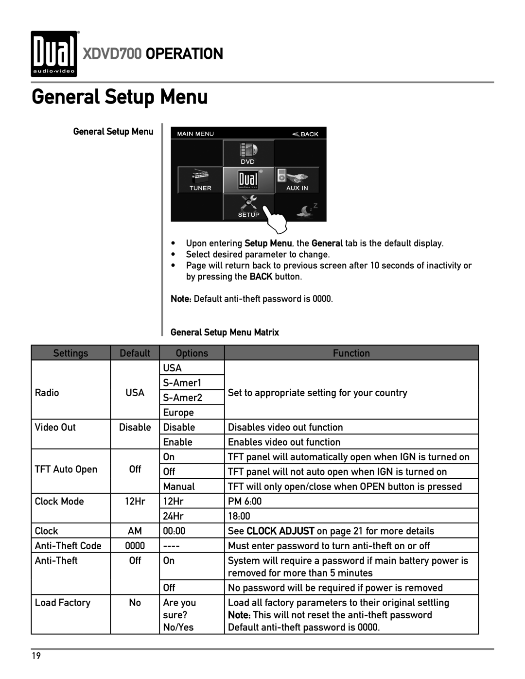 Dual XDVD700 owner manual General Setup Menu Matrix 