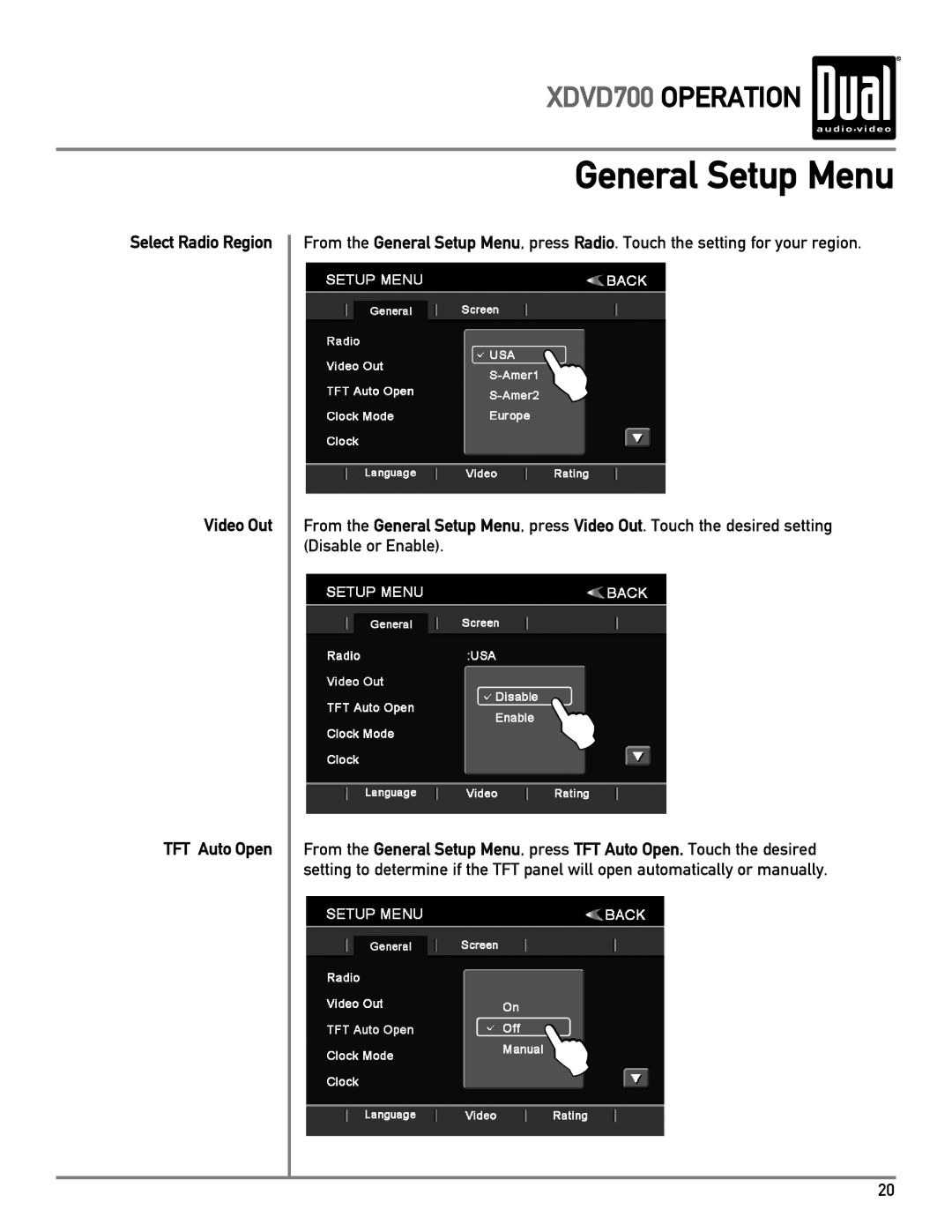 Dual XDVD700 owner manual Select Radio Region Video Out TFT Auto Open 