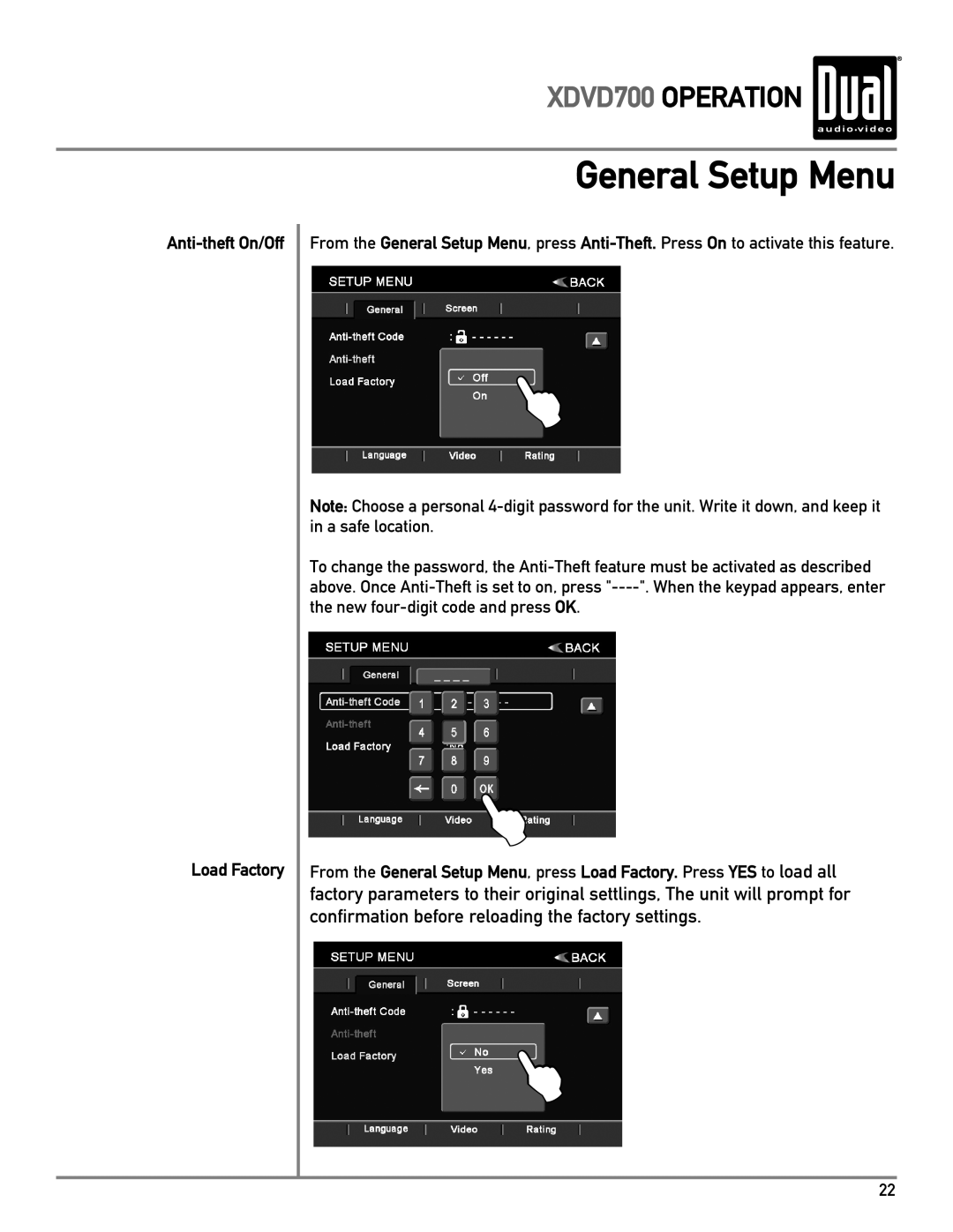 Dual XDVD700 owner manual Anti-theft On/Off Load Factory 