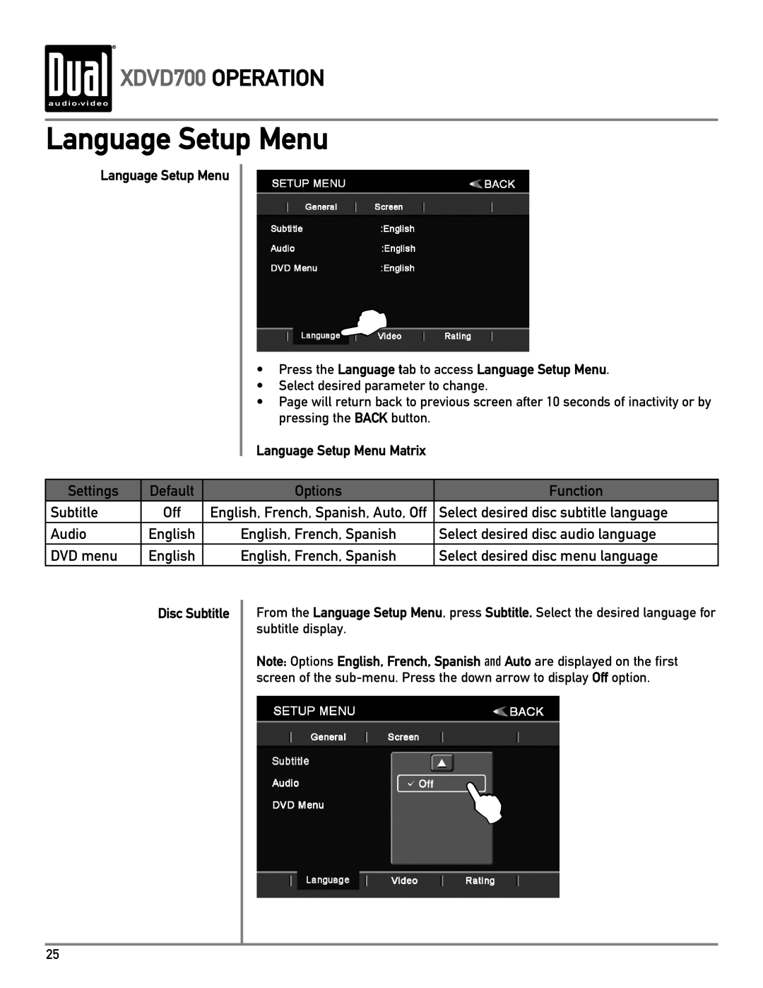 Dual XDVD700 owner manual Language Setup Menu Matrix, Disc Subtitle 