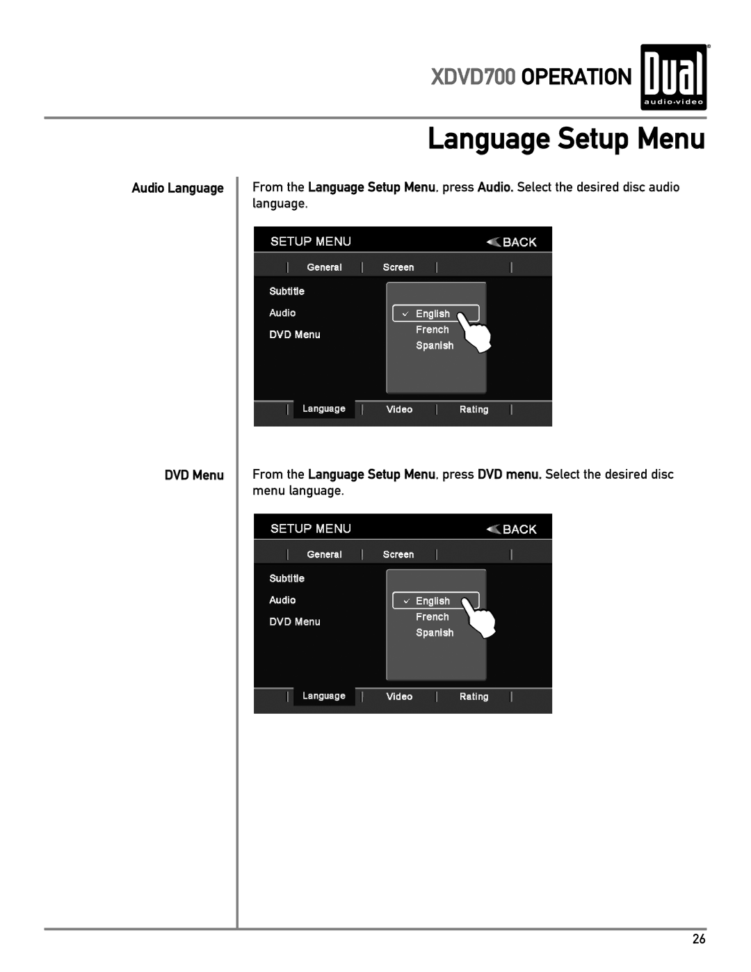 Dual XDVD700 owner manual Audio Language DVD Menu 