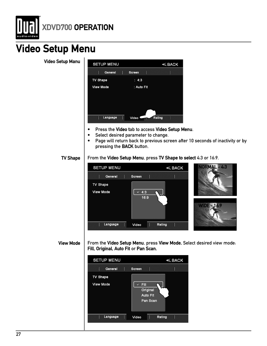 Dual XDVD700 owner manual Video Setup Menu, Video Setup Manu TV Shape, View Mode 