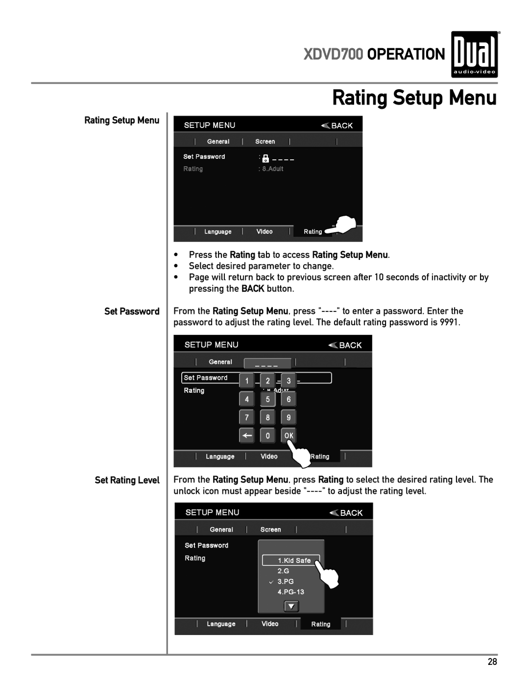 Dual XDVD700 Rating Setup Menu Set Password Set Rating Level, Press the Rating tab to access Rating Setup Menu 