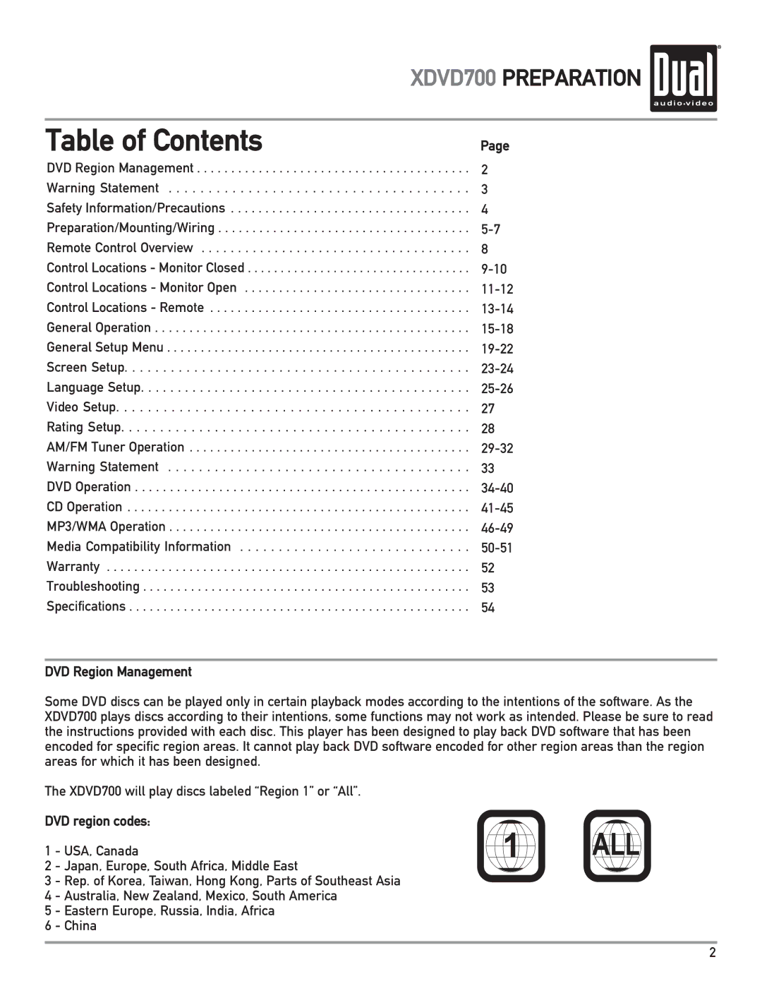 Dual XDVD700 owner manual Table of Contents 