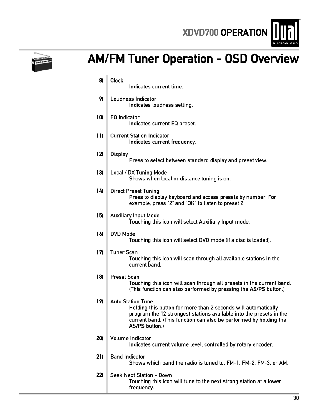 Dual XDVD700 owner manual AM/FM Tuner Operation OSD Overview 