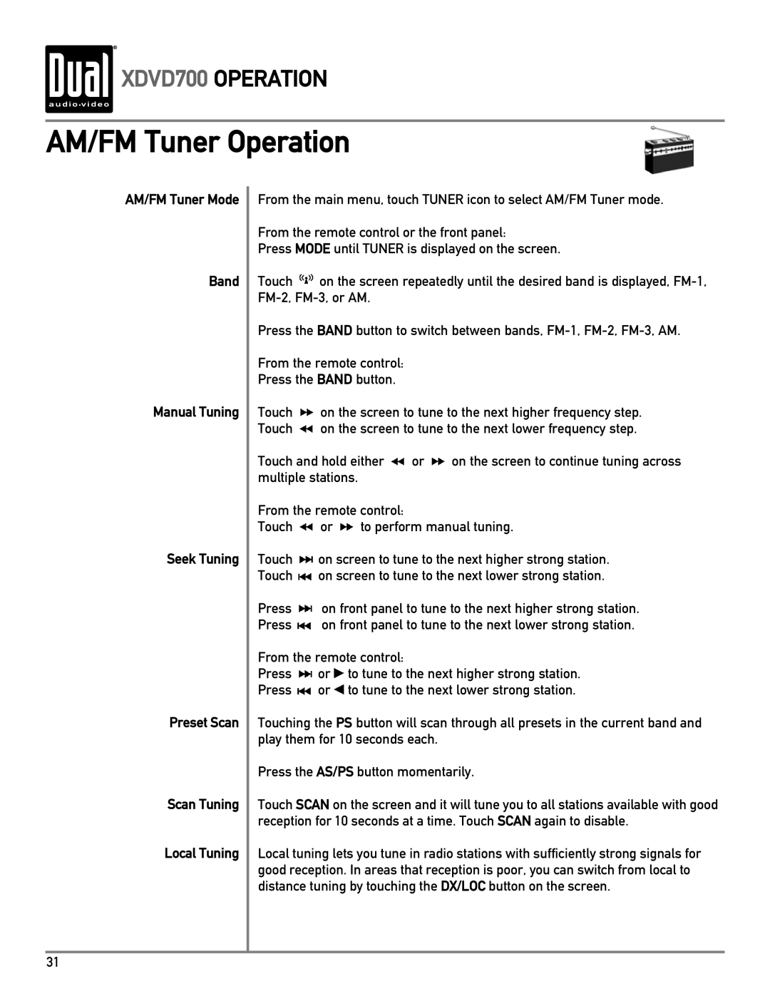 Dual XDVD700 owner manual AM/FM Tuner Operation 