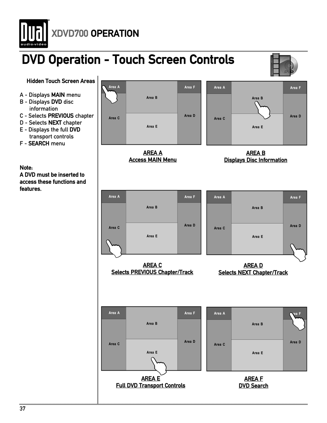 Dual XDVD700 owner manual DVD Operation Touch Screen Controls, DVD must be inserted to access these functions and features 