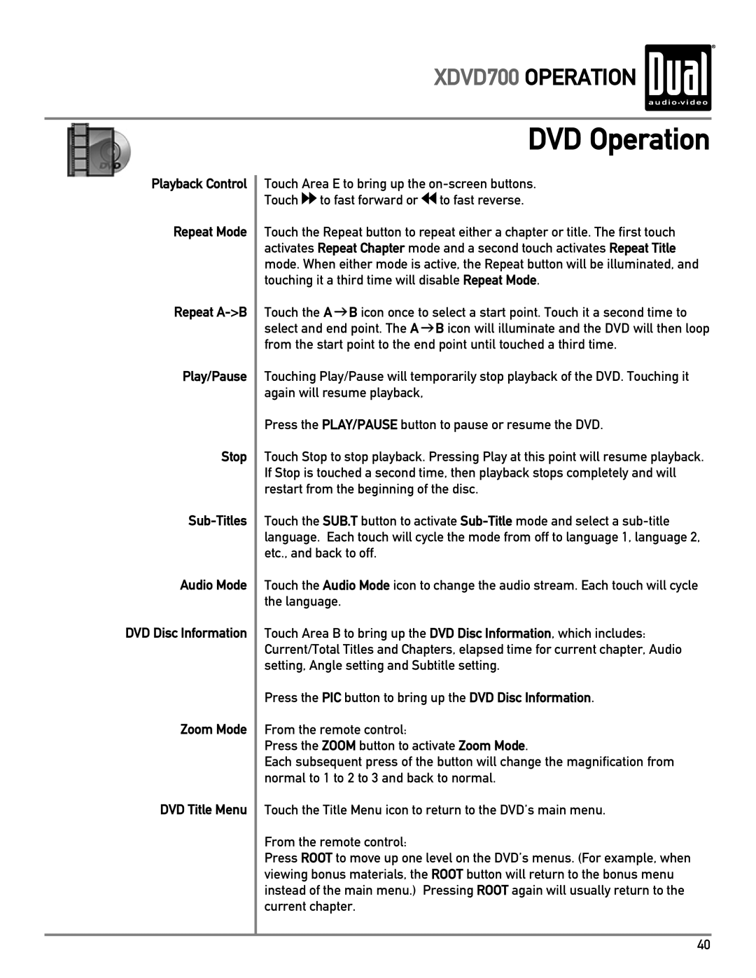 Dual XDVD700 owner manual DVD Operation 