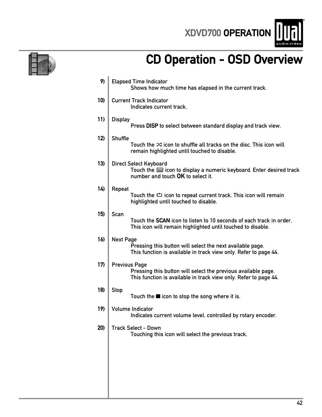 Dual XDVD700 owner manual CD Operation OSD Overview 