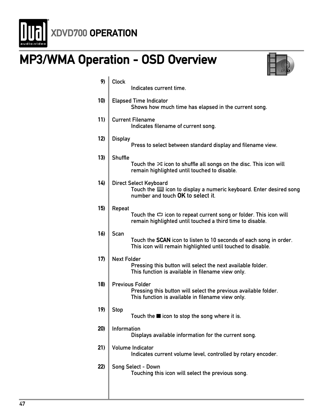 Dual XDVD700 owner manual MP3/WMA Operation OSD Overview 