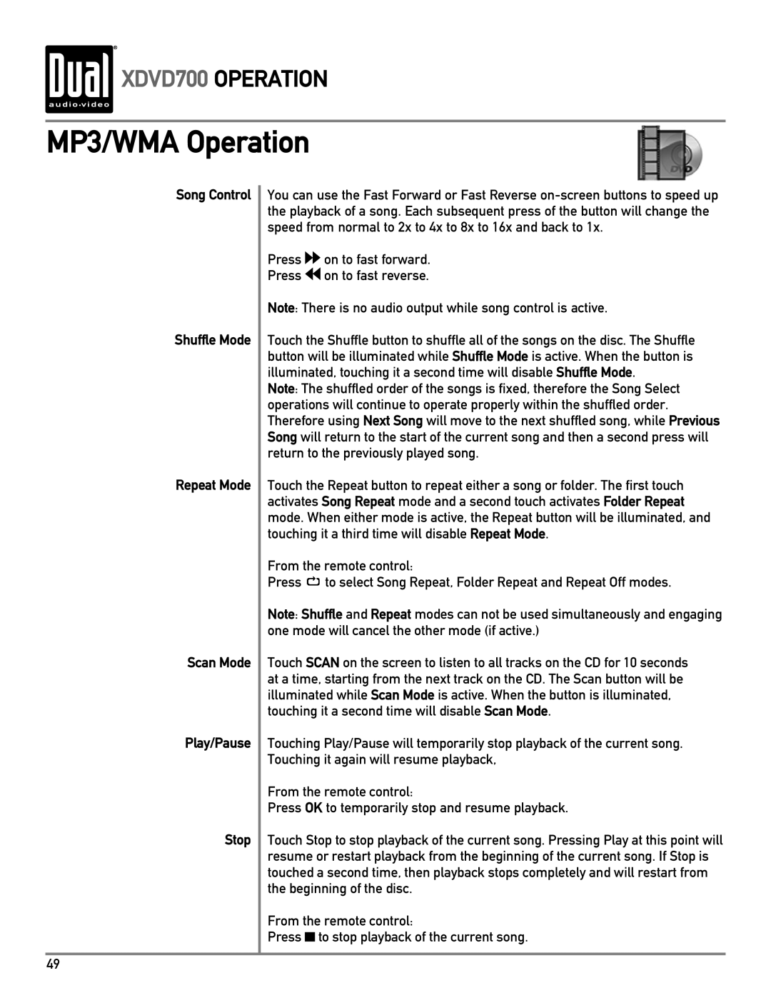 Dual XDVD700 owner manual MP3/WMA Operation 