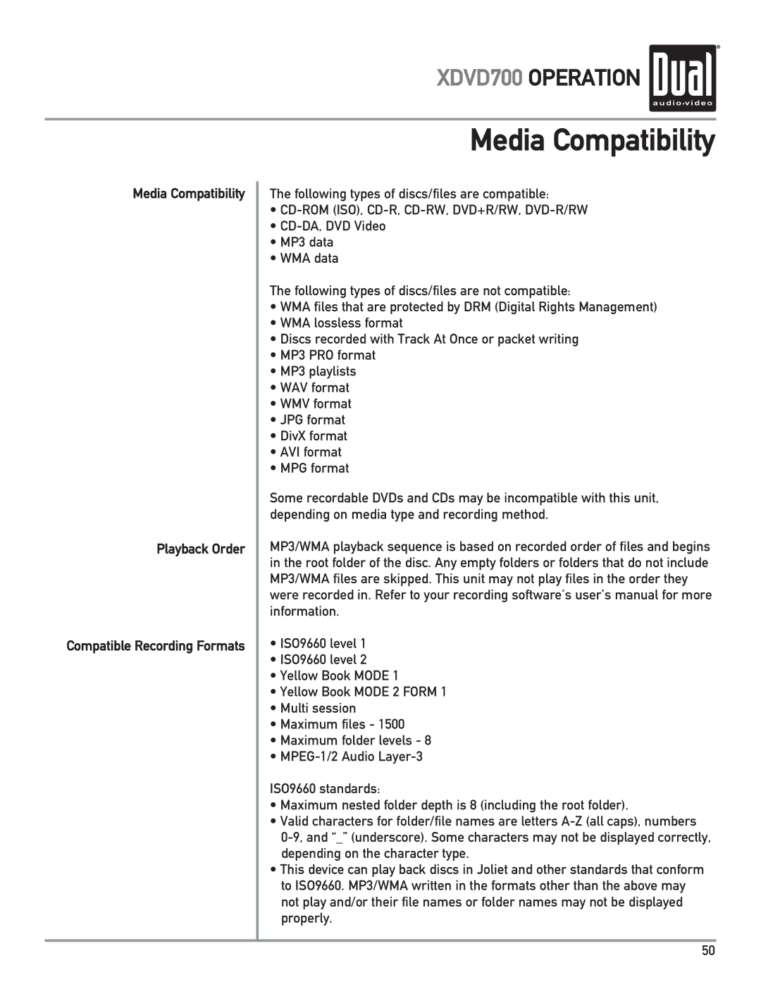 Dual XDVD700 owner manual Media Compatibility Playback Order 