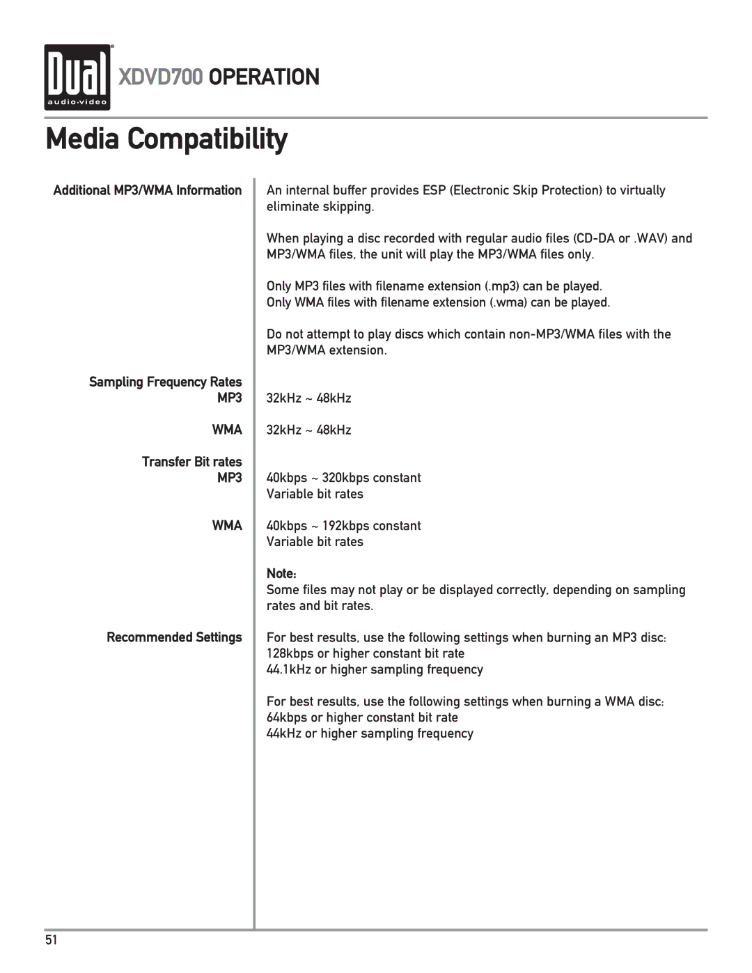 Dual XDVD700 owner manual Additional MP3/WMA Information, Transfer Bit rates, Recommended Settings 