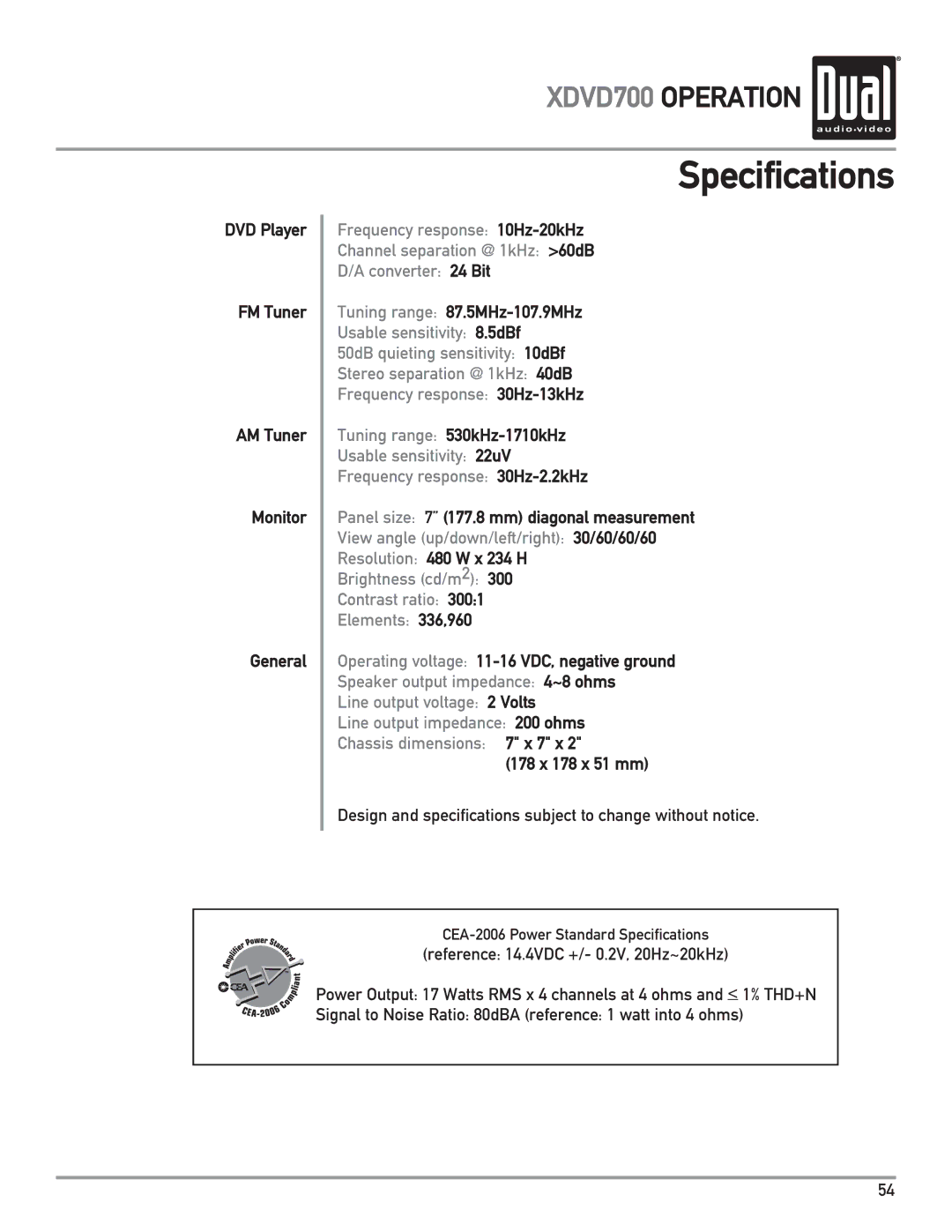 Dual XDVD700 owner manual Specifications 