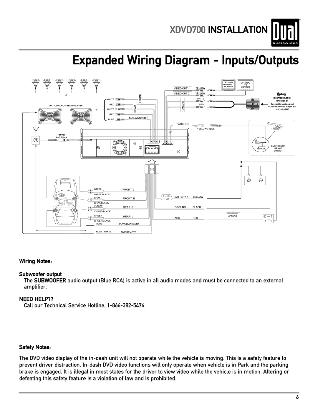 Dual XDVD700 owner manual Expanded Wiring Diagram Inputs/Outputs, Wiring Notes Subwoofer output 