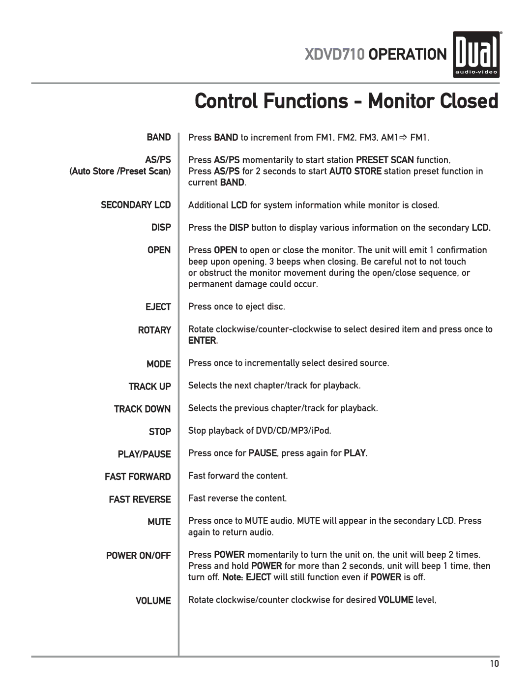 Dual XDVD710 owner manual Band, Enter 