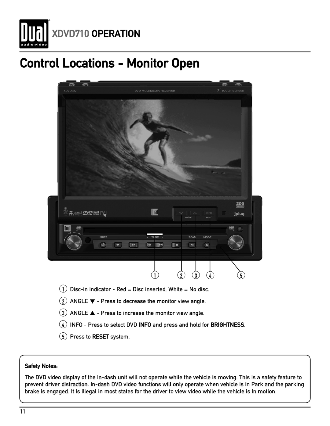 Dual XDVD710 owner manual Control Locations Monitor Open, Safety Notes 