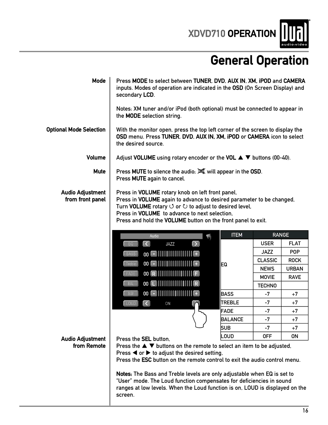 Dual XDVD710 owner manual Mode, Volume Mute 