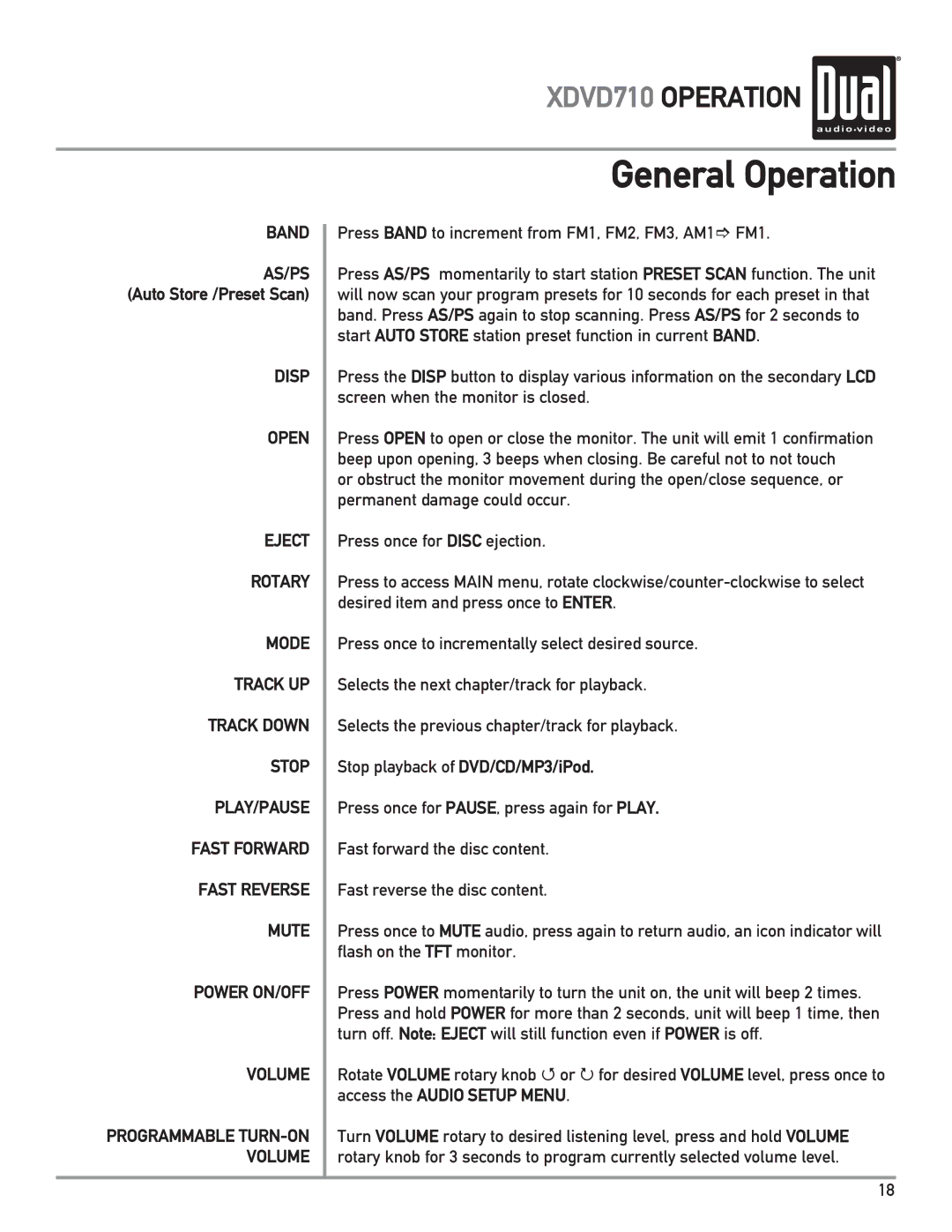 Dual XDVD710 owner manual Press Band to increment from FM1, FM2, FM3, AM1 FM1 