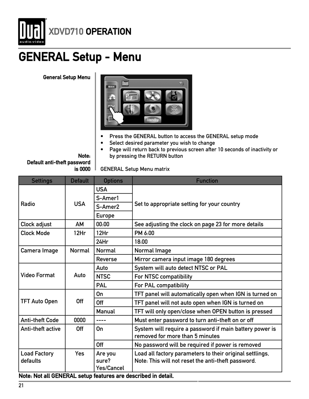 Dual XDVD710 owner manual General Setup Menu 