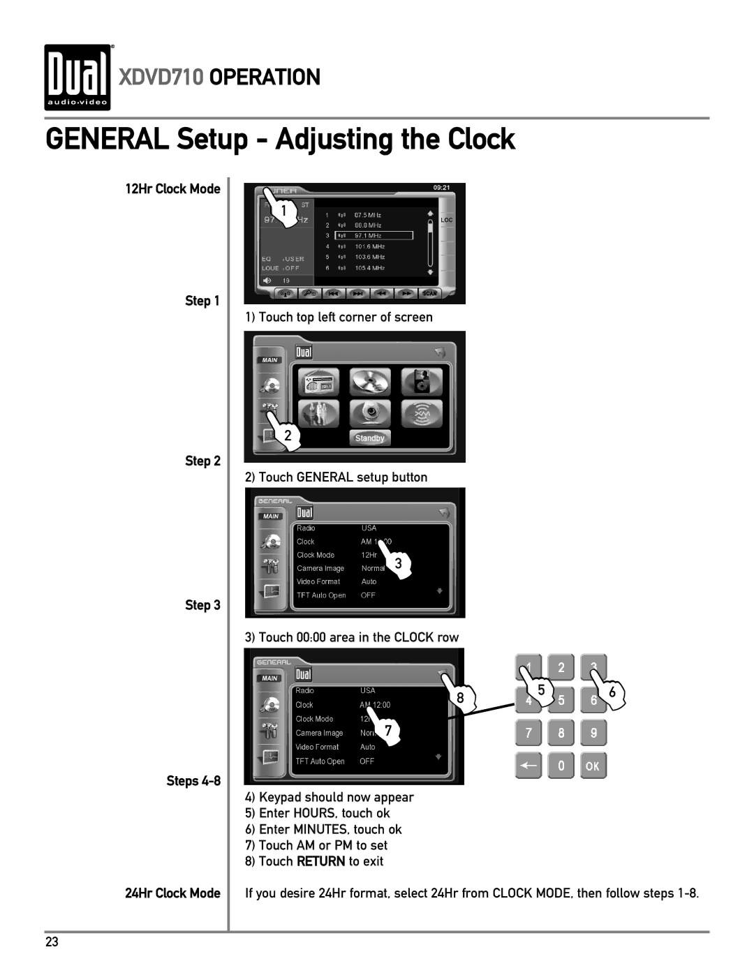 Dual XDVD710 owner manual General Setup Adjusting the Clock, 12Hr Clock Mode Step Steps 24Hr Clock Mode 