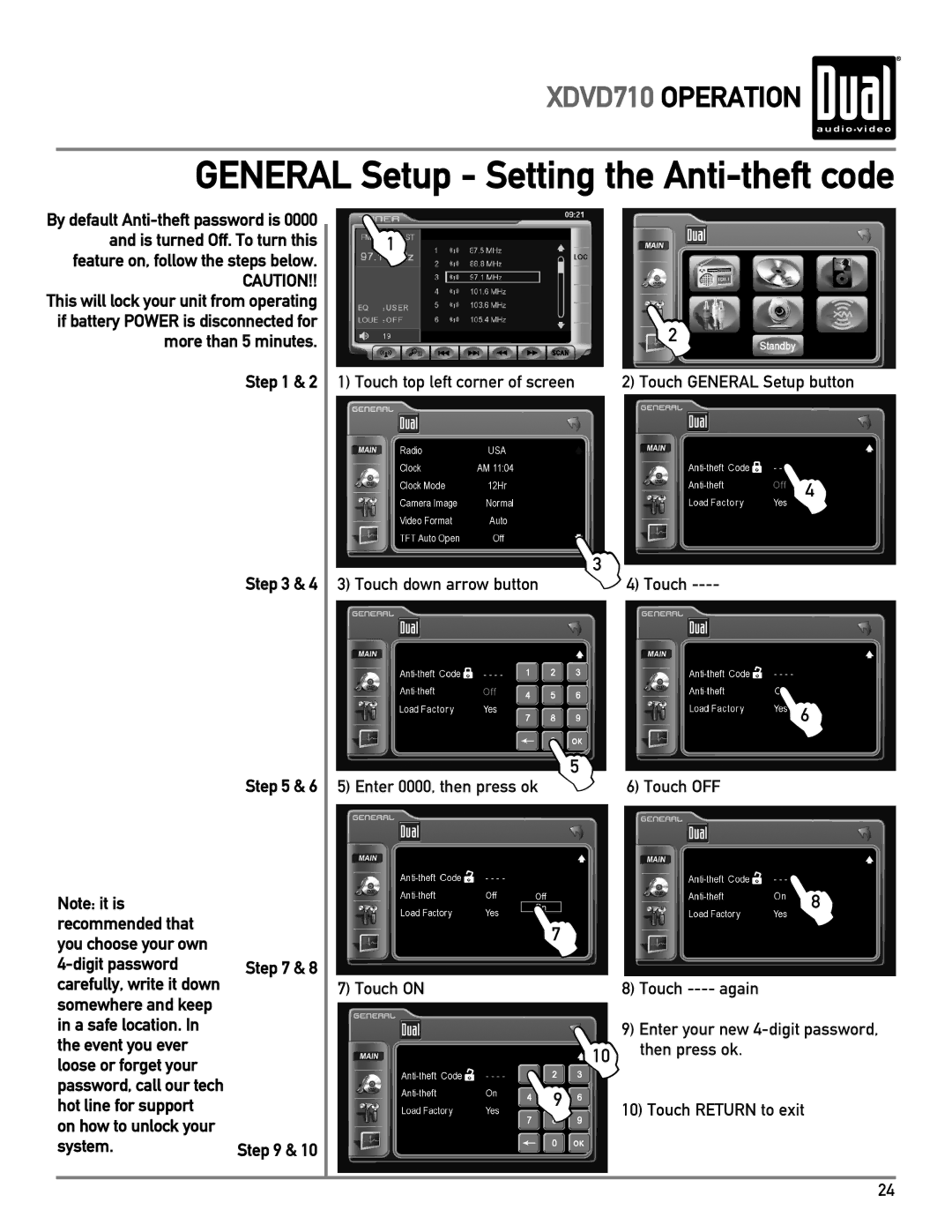 Dual XDVD710 owner manual Recommended that You choose your own Digit password, Hot line for support, System 