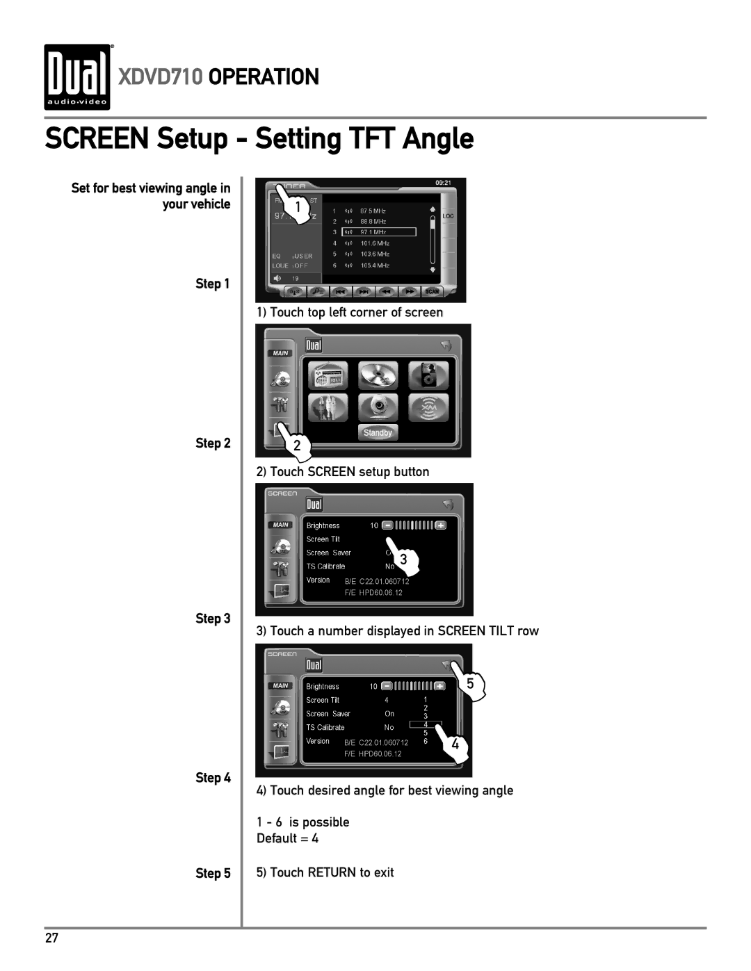 Dual XDVD710 owner manual Screen Setup Setting TFT Angle 