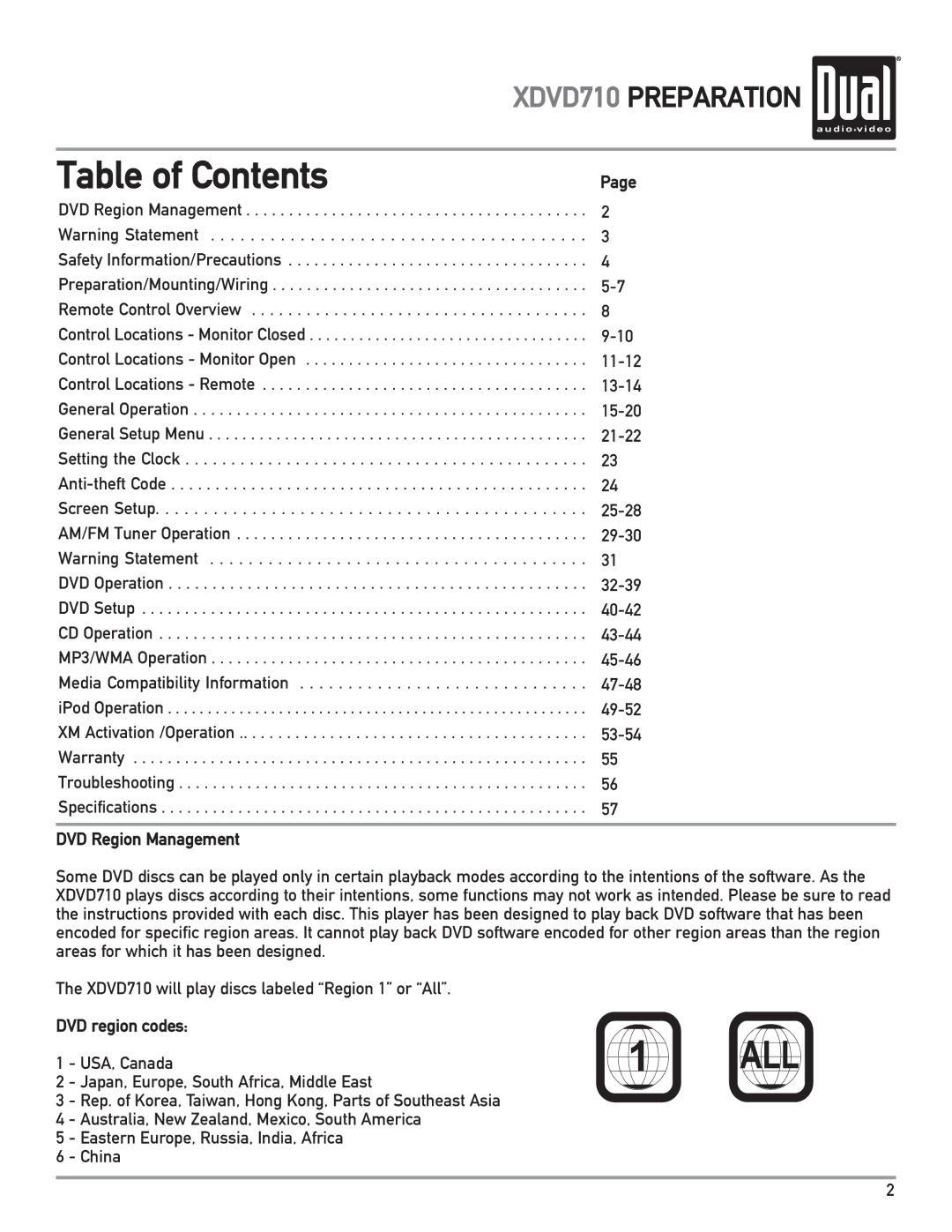 Dual XDVD710 owner manual Table of Contents 