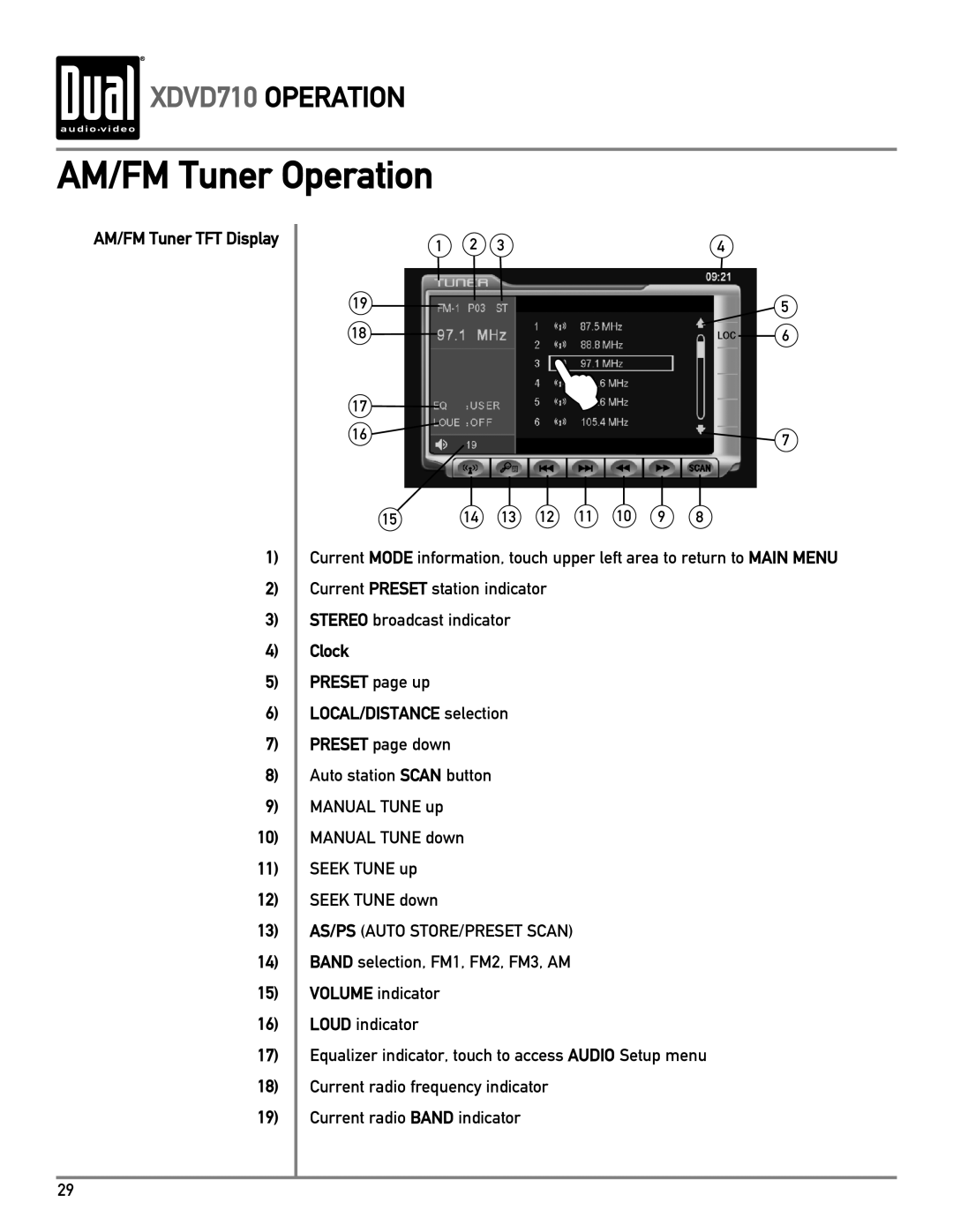 Dual XDVD710 owner manual AM/FM Tuner Operation, AM/FM Tuner TFT Display, Clock Preset page up LOCAL/DISTANCE selection 