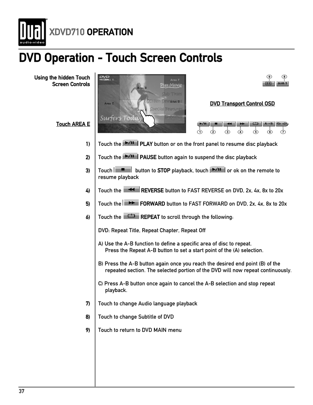 Dual XDVD710 owner manual Touch Area E DVD Transport Control OSD 