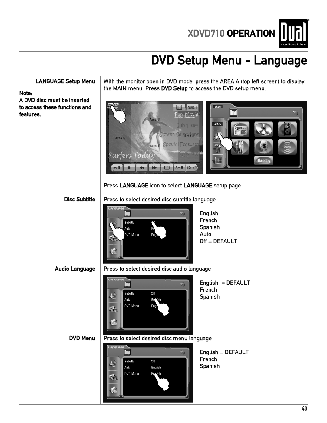 Dual XDVD710 owner manual DVD Setup Menu Language, Disc Subtitle Audio Language DVD Menu 