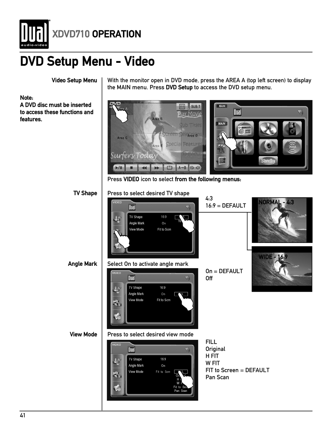 Dual XDVD710 owner manual DVD Setup Menu Video, Normal Wide View Mode 