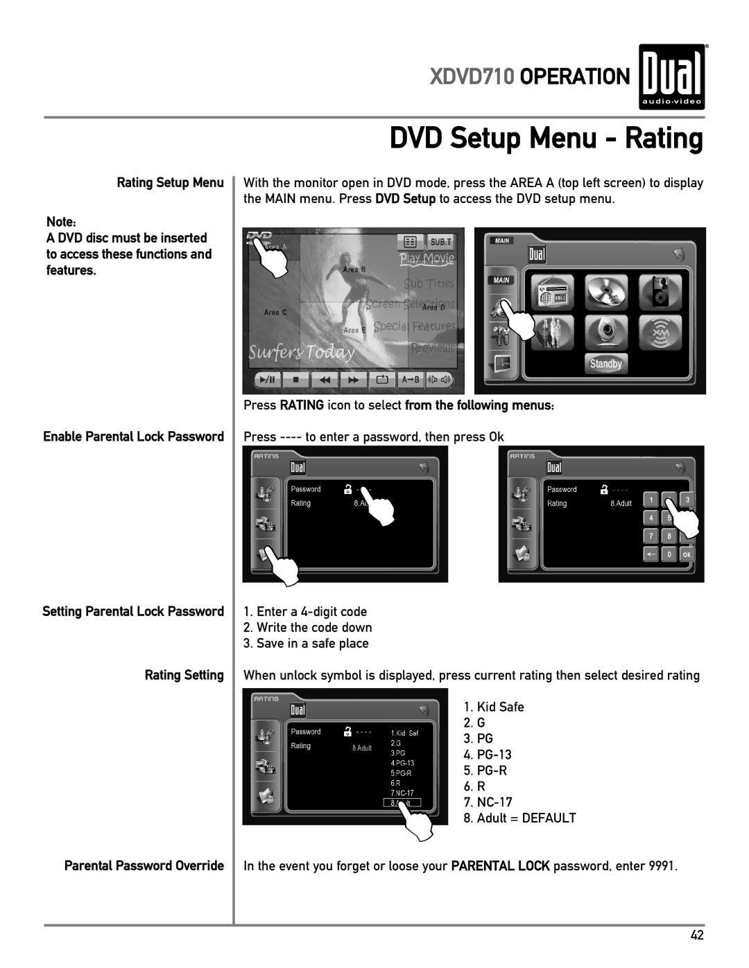 Dual XDVD710 owner manual DVD Setup Menu Rating 