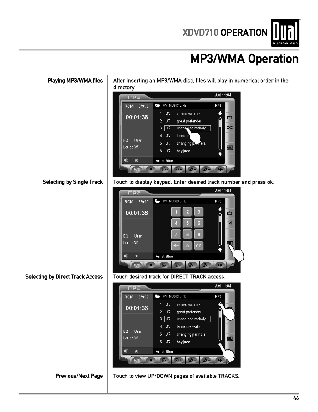 Dual XDVD710 owner manual Playing MP3/WMA files Selecting by Single Track 