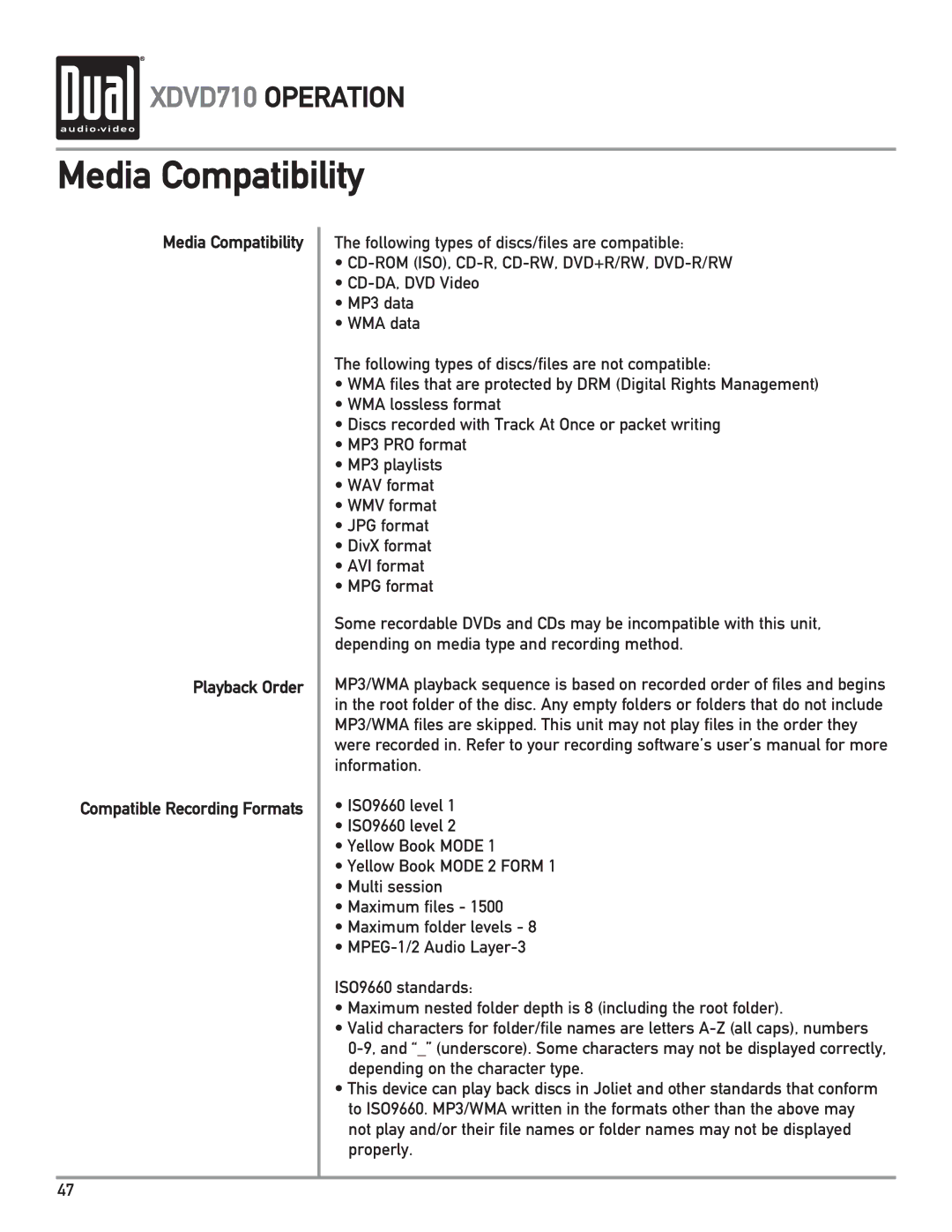 Dual XDVD710 owner manual Media Compatibility Playback Order 