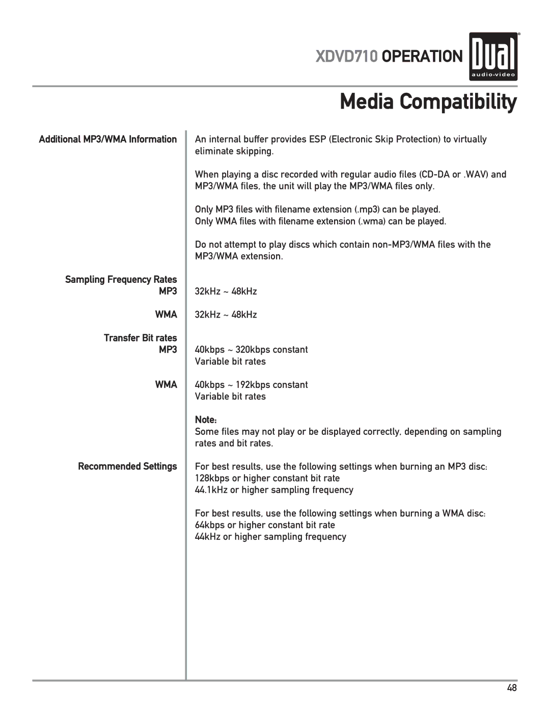 Dual XDVD710 owner manual Additional MP3/WMA Information, Wma, Transfer Bit rates, MP3 WMA, Recommended Settings 