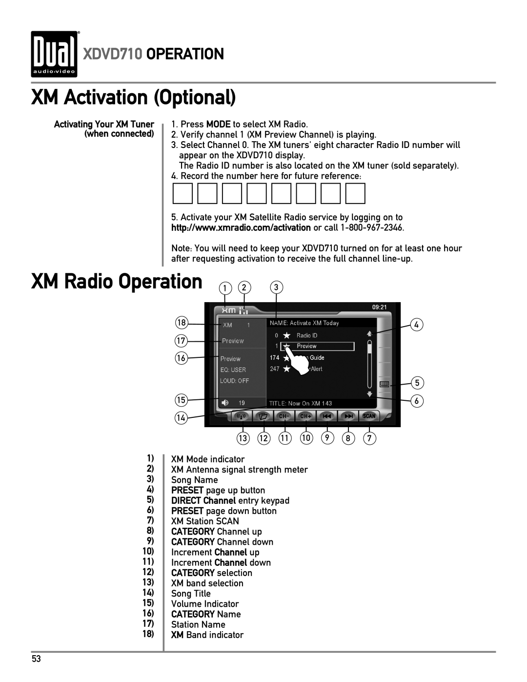 Dual XDVD710 owner manual XM Activation Optional, XM Radio Operation 1 2, Direct Channel entry keypad, Category selection 