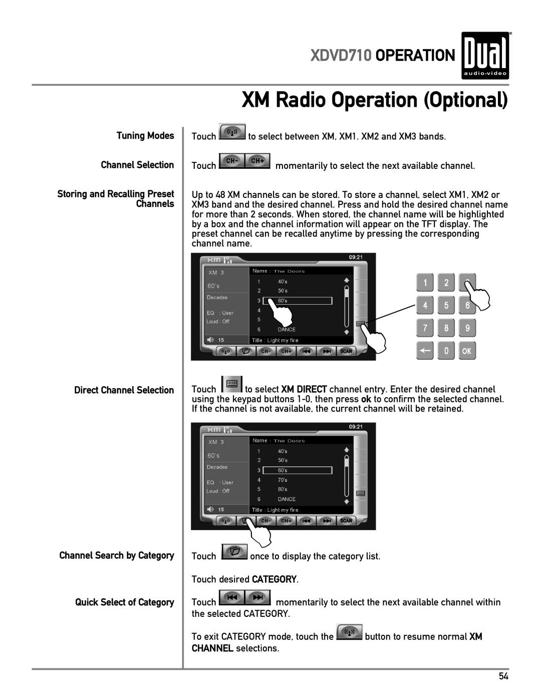 Dual XDVD710 owner manual XM Radio Operation Optional, Tuning Modes Channel Selection, Direct Channel Selection 