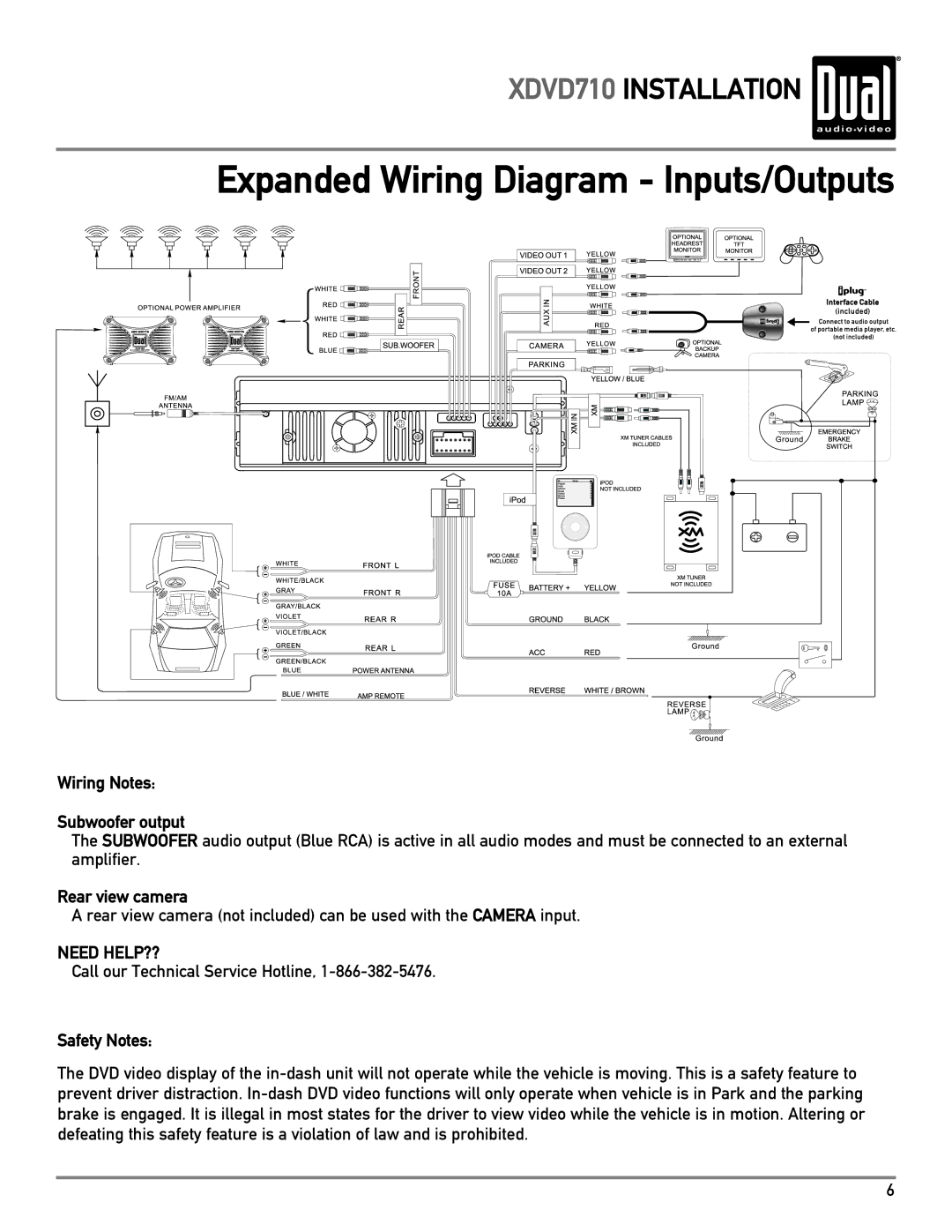 Dual XDVD710 owner manual Wiring Notes Subwoofer output, Rear view camera, Need HELP?? 