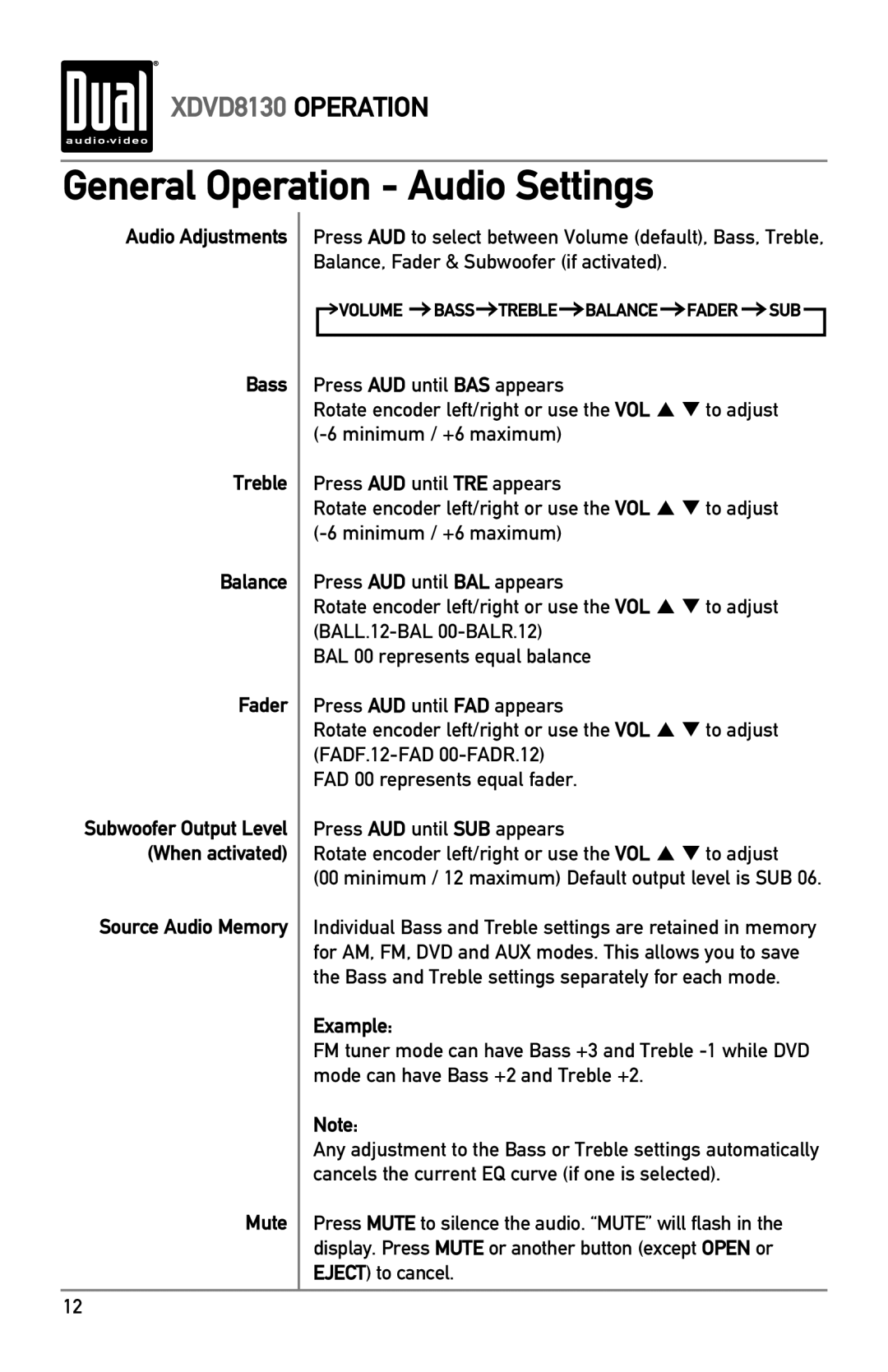 Dual XDVD8130 General Operation Audio Settings, Audio Adjustments Bass Treble Balance Fader, Source Audio Memory Mute 