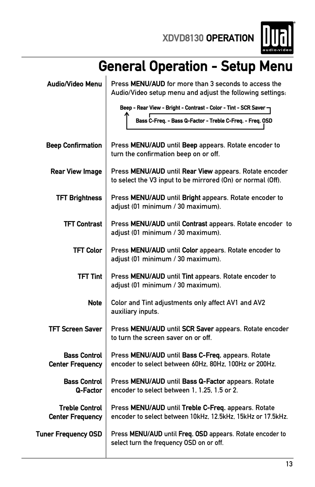 Dual XDVD8130 owner manual Bass Control Factor, Tuner Frequency OSD 